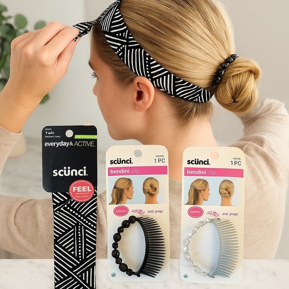 Scünci Hair Accessory Trio – Active Headwrap & 2 Bendini Clips Black and White - Picture 4 of 4